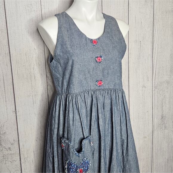 VTG Handmade Denim Dress with Fringe Hem, Heart Pocket & Buttons, size Small - Picture 2 of 6